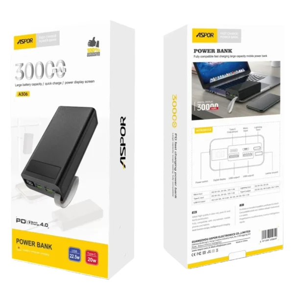 ASPOR A306 30000mAh Power Bank | 22.5W Fast Charging with LCD Display & Multi-Device Support - Image 5
