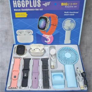 H66PLUS Smartwatch Combo – Watch  + Wireless Earbuds + Portable Fan – High Quality